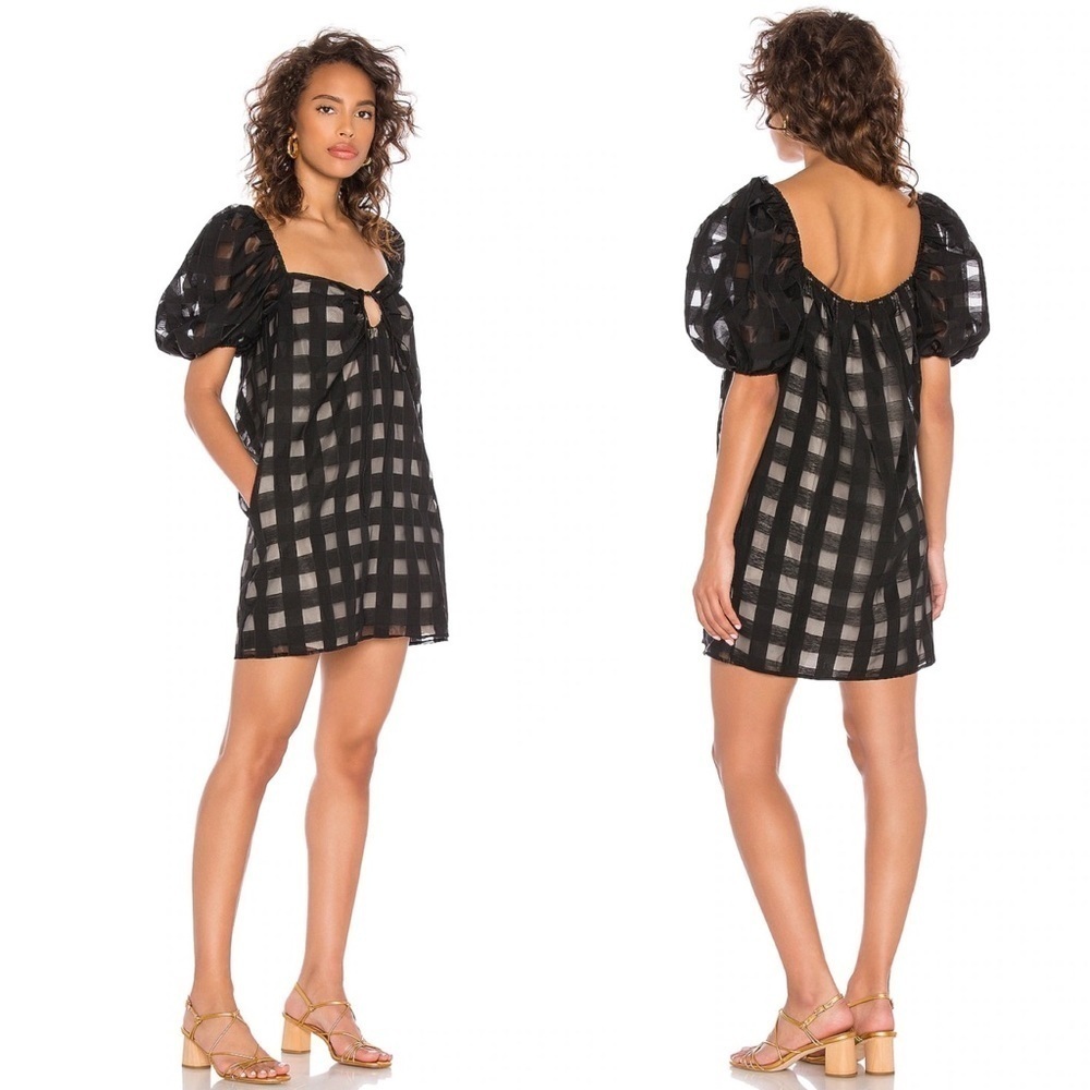LPA Black Check Puff-Sleeve Mini Dress